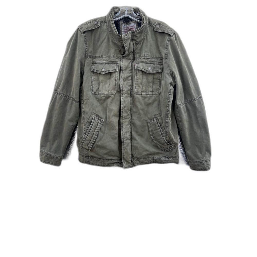 LEVIS MENS JACKET SIZE L FAUX FUR LINED OLIVE GREEN MILITARY STAND COLLAR (read)